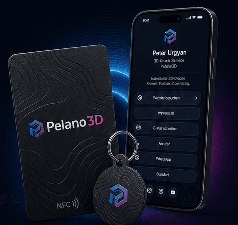 Pelano3D NFC-Visitenkarte, Schlüsselanhänger und digitales Kontaktprofil auf dem Smartphone